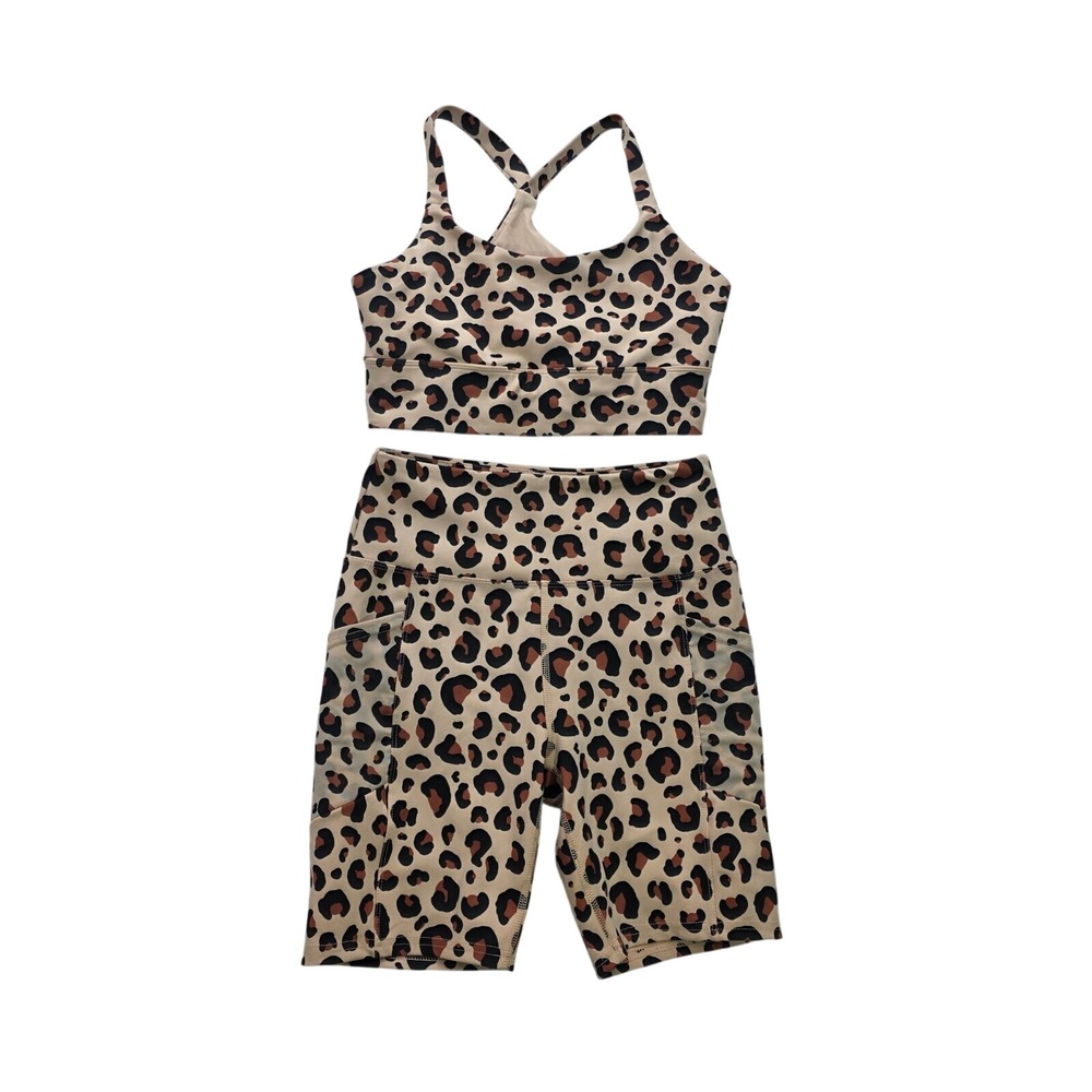 Ellie Womens Leopard Print Activewear Set Sports Bra High Waist Pockets Shorts M